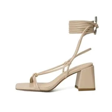 vivianly Women's Lace Up Chunky Heel Sandals Strappy Straps Ankle Wrap Heels Nude Size 9