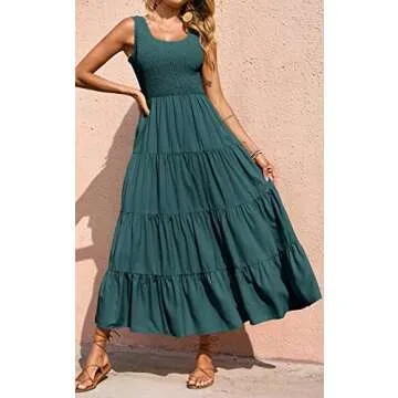 PRETTYGARDEN Sleeveless Summer Dresses for Women 2025 High Waisted Smocked Tank Maternity Dress Tiered Maxi Casual Long Dresses (Blue Green,Small)
