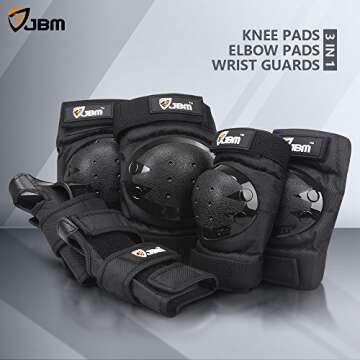 JBM international Adult / Child Knee Pads Elbow Pads Wrist Guards 3 In 1 Protective Gear Set, Black, Youth / Child