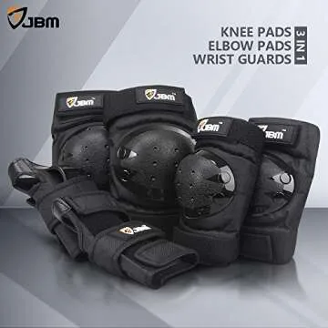 JBM international Adult / Child Knee Pads Elbow Pads Wrist Guards 3 In 1 Protective Gear Set, Black, Youth / Child