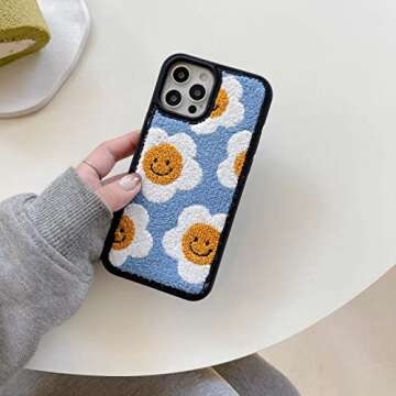 Tewwsdi Baby Blue Sunflower Phone Case Compatible with iPhone 13 6.1 inch Floral Design Girly Warm Fur Retro Chic Slim Soft Carpet Fluffy Textures Protective Cover(Sunflower)