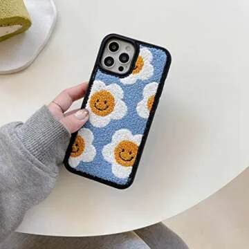 Tewwsdi Baby Blue Sunflower Phone Case Compatible with iPhone 13 6.1 inch Floral Design Girly Warm Fur Retro Chic Slim Soft Carpet Fluffy Textures Protective Cover(Sunflower)