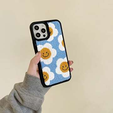 Tewwsdi Baby Blue Sunflower Phone Case Compatible with iPhone 13 6.1 inch Floral Design Girly Warm Fur Retro Chic Slim Soft Carpet Fluffy Textures Protective Cover(Sunflower)