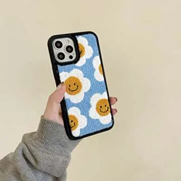 Tewwsdi Baby Blue Sunflower Phone Case Compatible with iPhone 13 6.1 inch Floral Design Girly Warm Fur Retro Chic Slim Soft Carpet Fluffy Textures Protective Cover(Sunflower)
