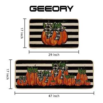 GEEORY Fall Kitchen Mats Set of 2, Striped Pumpkins Bowknot Floor Mat Farmhouse Seasonal Holiday Thanksgiving Decorations 17x29 and 17x47 Inch (Striped) GK068