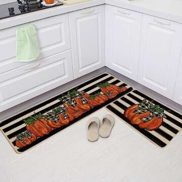 GEEORY Fall Kitchen Mats Set of 2, Striped Pumpkins Bowknot Floor Mat Farmhouse Seasonal Holiday Thanksgiving Decorations 17x29 and 17x47 Inch (Striped) GK068