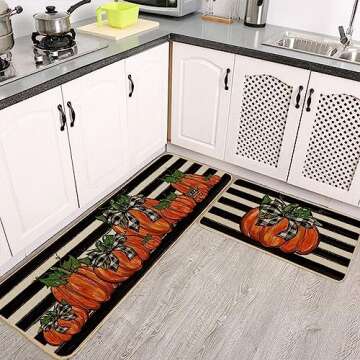 GEEORY Fall Kitchen Mats Set of 2, Striped Pumpkins Bowknot Floor Mat Farmhouse Seasonal Holiday Thanksgiving Decorations 17x29 and 17x47 Inch (Striped) GK068