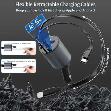 Retractable Car Charger,Fast 4 in 1 Car Charger for iPhone and Type C 60W,Retractable Cables and 2 C...