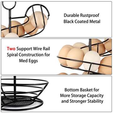 QUTREY Black Metal Egg Holder Countertop, Fresh Egg Skelter, Spiral Design Egg Dispenser Rack with Storage Basket for Kitchen