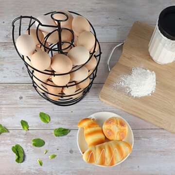 QUTREY Black Metal Egg Holder Countertop, Fresh Egg Skelter, Spiral Design Egg Dispenser Rack with Storage Basket for Kitchen