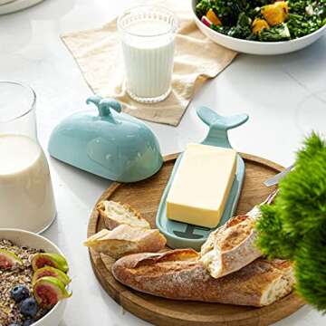 DOWAN Whale Butter Dish, Cute Butter Dish, Funny Gifts for Mom Wife Friends, Fish Bone Cutting Measuring Lines and Tail Non-slip Design, Ideal Decor Gift for Birthday Wedding Housewarming, Turquoise