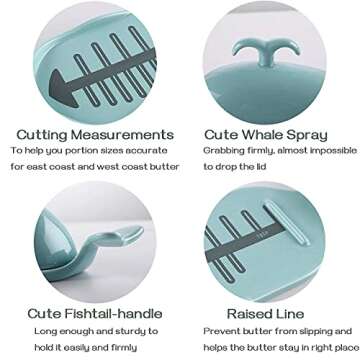 DOWAN Whale Butter Dish, Cute Butter Dish, Funny Gifts for Mom Wife Friends, Fish Bone Cutting Measuring Lines and Tail Non-slip Design, Ideal Decor Gift for Birthday Wedding Housewarming, Turquoise