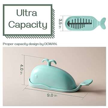 DOWAN Whale Butter Dish, Cute Butter Dish, Funny Gifts for Mom Wife Friends, Fish Bone Cutting Measuring Lines and Tail Non-slip Design, Ideal Decor Gift for Birthday Wedding Housewarming, Turquoise