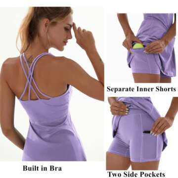 Topcloset Tennis Dress for Women Workout Dress with Built-in Bra & Shorts Pockets Athletic Dress for Exercise Golf Dresses, Purple, M