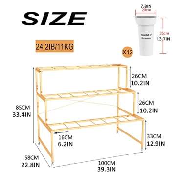 Flower Display Stand With 12PCS Buckets, 3 Layers Metal Plant Stand with Wheels, Heavy Duty Moving P...