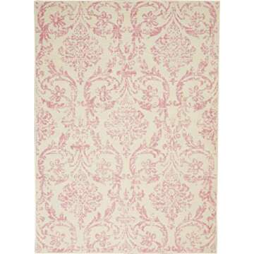 Nourison Jubilant Damask Ivory/Pink 5'3" x 7'3" Area -Rug, Easy -Cleaning, Non Shedding, Bed Room, Living Room, Dining Room, Kitchen (5x7)