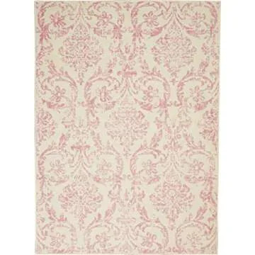 Nourison Jubilant Damask Ivory/Pink 5'3" x 7'3" Area -Rug, Easy -Cleaning, Non Shedding, Bed Room, Living Room, Dining Room, Kitchen (5x7)