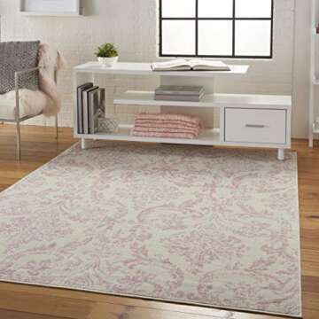 Nourison Jubilant Damask Ivory/Pink 5'3" x 7'3" Area -Rug, Easy -Cleaning, Non Shedding, Bed Room, Living Room, Dining Room, Kitchen (5x7)
