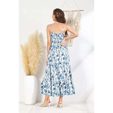 GRACE KARIN Women's Summer Boho Spaghetti Strap Square Neck Ruffle Casual Flowy Long Dress Beach Swing Maxi Dress Blue Floral XL
