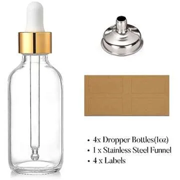 AOZITA 4 Pcs, 1 oz Golden Cap Clear Dropper Bottles (30ml) with 1 Funnel & 4 Labels - Glass Tincture...