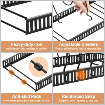 Housolution Pot and Pan Organizer Rack for Cabinet, Expandable Pot Lid Organizer Holder with 14 Adjustable Dividers, Fully Expanded Size 22.83" W x 7.09" D x 7.09" H, Black