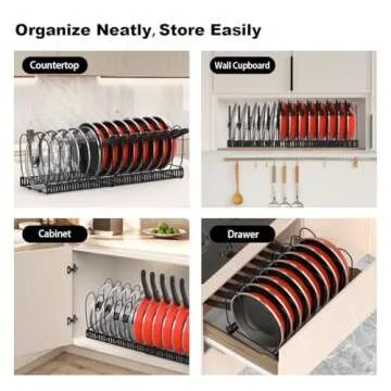 Housolution Pot and Pan Organizer Rack for Cabinet, Expandable Pot Lid Organizer Holder with 14 Adjustable Dividers, Fully Expanded Size 22.83" W x 7.09" D x 7.09" H, Black