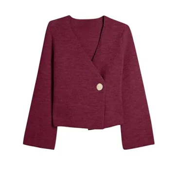 Anoumcy Asymmetric Button Up Cardigans Sweaters for Women Elegant V Neck Knit Cropped Sweater Tops 2024 Fall Outfits Trendy Burgundy S