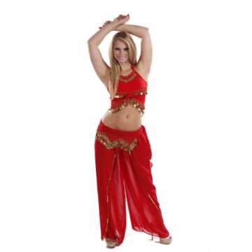 Miss Belly Dance Top, Chiffon Harem Pants, Hip Scarf Costume Set (RED/GOLD, SMALL) | ADAASANIA
