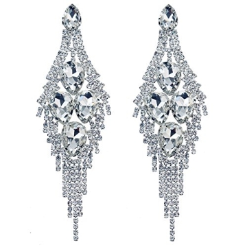 CHRAN Silver Teardrop Crystal Long Tassels Dangle Earrings Sparkling Rhinestone Ladies Gifts