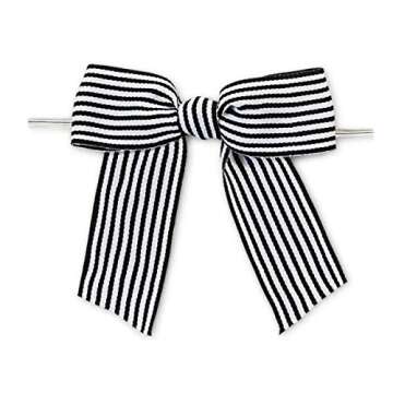 24 PK, 3" Black & White Stripes Pre-Tied Grosgrain Gift Bows for Gift Or Cello Bag Packaging