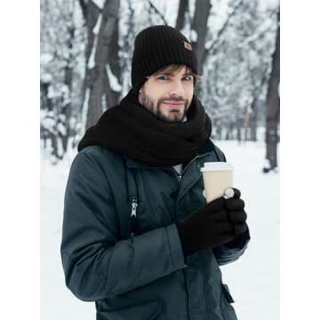 3 PCS Winter Hat Scarf Gloves Set, Soft Warm Knit Beanie Hat Touchscreen Gloves Long Knitted Scarf Set Winter Gifts for Men