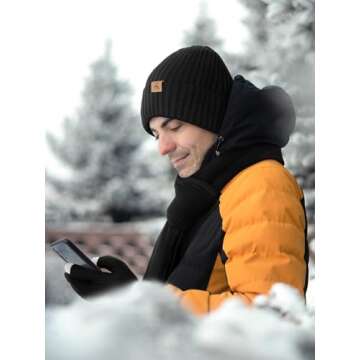 3 PCS Winter Hat Scarf Gloves Set, Soft Warm Knit Beanie Hat Touchscreen Gloves Long Knitted Scarf Set Winter Gifts for Men