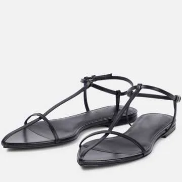 VorisVina Black Flat Sandals for Women Adjustable Metallic Buckle Ankle Strap Slide Sandals Comfortable Pointed Open Toe Slip on Sandal