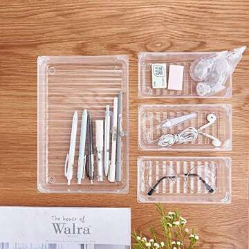 Kootek 7 Pcs Drawer Organizers 4-Size Makeup Desk Drawer Organizer Plastic Bathroom Storage Bins Versatile Trays Vanity Dividers Container for Bedroom Dresser Kitchen Office