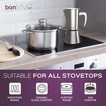 bonVIVO Intenca Stovetop Espresso Maker - Luxurious, Stainless Steel Italian Coffee Maker for Camping or Home Use - Makes 6 Cups of Full-Bodied Coffee - Black, 10oz