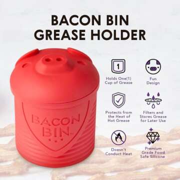 Talisman Designs Bacon Bin Grease Strainer & Collector | Family Friendly Kitchen Tools | Fun & Functional Silicone Grease Container | Holds up to 1 Cup | Red