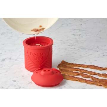 Talisman Designs Bacon Bin Grease Strainer & Collector | Family Friendly Kitchen Tools | Fun & Functional Silicone Grease Container | Holds up to 1 Cup | Red
