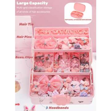 ZOOFOX Cute Hair Accessories Organizer for Girls, 3-Layers Pink Craft Storage Container with Handle, Lockable Storage Box for Hair Clip, Headband, Scrunchie, Cosmetic, Sewing, Toy, Washi Tape