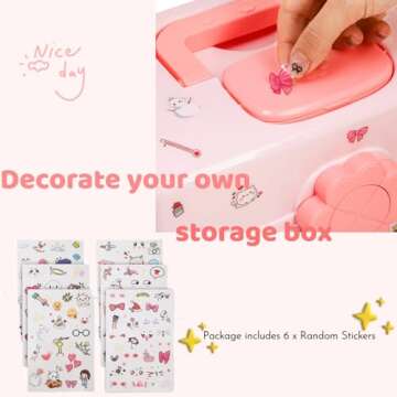 ZOOFOX Cute Hair Accessories Organizer for Girls, 3-Layers Pink Craft Storage Container with Handle, Lockable Storage Box for Hair Clip, Headband, Scrunchie, Cosmetic, Sewing, Toy, Washi Tape