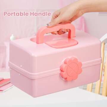 ZOOFOX Cute Hair Accessories Organizer for Girls, 3-Layers Pink Craft Storage Container with Handle, Lockable Storage Box for Hair Clip, Headband, Scrunchie, Cosmetic, Sewing, Toy, Washi Tape