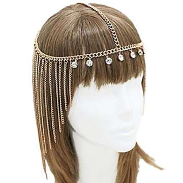 Jovono Boho Head Chain Gold Rhinestone Headpiece Egyptian Tassel Hair Chain Festival Costume Prom Ha...