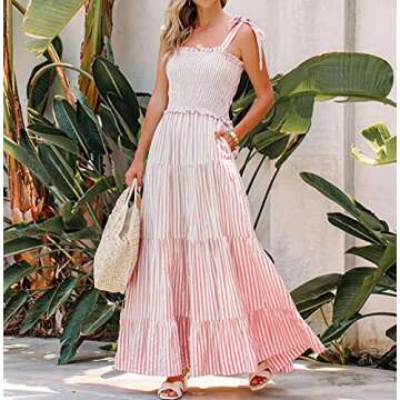 R.Vivimos Women's Summer Cotton Adjustable Straps Boho Stripe Casual Flowy A Line Midi Dress with Pockets (Medium, Pink-Stripe)