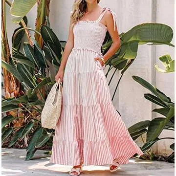 R.Vivimos Women's Summer Cotton Adjustable Straps Boho Stripe Casual Flowy A Line Midi Dress with Pockets (Medium, Pink-Stripe)