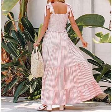 R.Vivimos Women's Summer Cotton Adjustable Straps Boho Stripe Casual Flowy A Line Midi Dress with Pockets (Medium, Pink-Stripe)