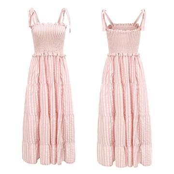 R.Vivimos Women's Summer Cotton Adjustable Straps Boho Stripe Casual Flowy A Line Midi Dress with Pockets (Medium, Pink-Stripe)