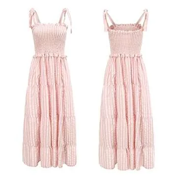 R.Vivimos Women's Summer Cotton Adjustable Straps Boho Stripe Casual Flowy A Line Midi Dress with Pockets (Medium, Pink-Stripe)