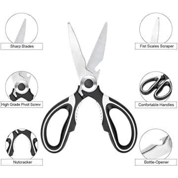 Kitchen Shears Multi Purpose Strong Stainless Steel Kitchen Utility Scissors with Cover Poulry,Fish, Meat, Vegetables Herbs, Bones, Dishwasher Safe (Black)