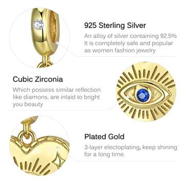 Blue Evil Eye Bead Charms fits Pandora Charms Bracelets 925 Sterling Silver Lucky Charms Pendant Beads Jewelry Gift for Woman (Gold Plated Heart Evil Eye Dangle)