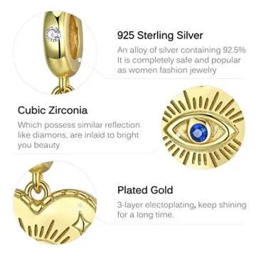 Blue Evil Eye Bead Charms fits Pandora Charms Bracelets 925 Sterling Silver Lucky Charms Pendant Beads Jewelry Gift for Woman (Gold Plated Heart Evil Eye Dangle)