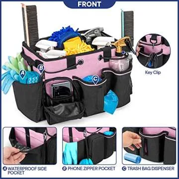 LoDrid Large Professional Cleaning Caddy with Detachable Divider, Supply Organizer with Handle and Shoulder Strap, Cleaning Bags for Housekeepers & Cleaners, Pink
